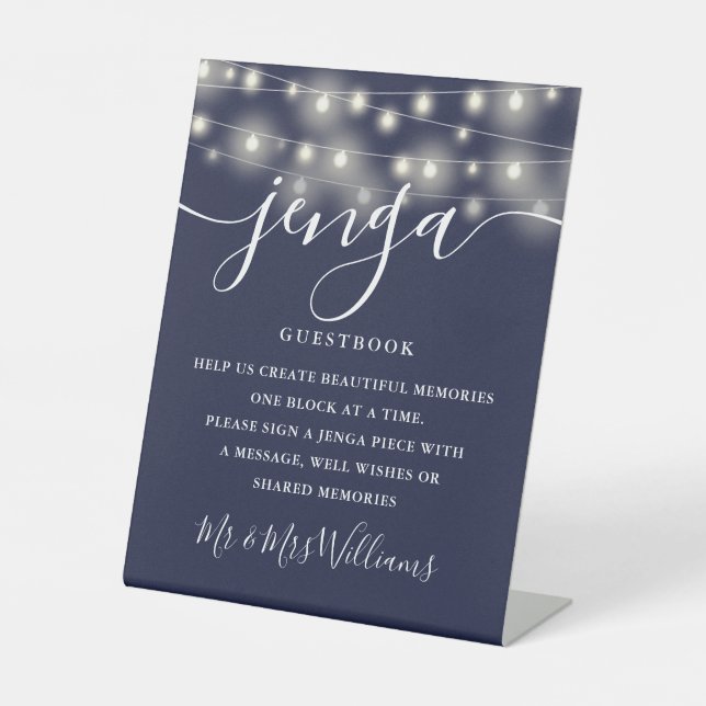 Jenga Wedding Guestbook String Lights Navy Blue Sockelschild (Vorderseite)