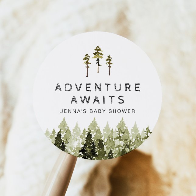 JENNA Rustic Watercolor Pine Tree Baby Dusche Runder Aufkleber (Von Creator hochgeladen)