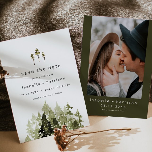 JENNA Rustic Watercolor Pine Tree Save the Date Einladung (Von Creator hochgeladen)