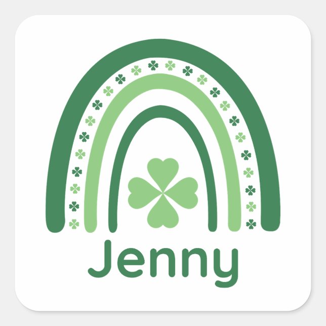 Jenny Name Clover Boho Rainbow Quadratischer Aufkleber (Vorderseite)