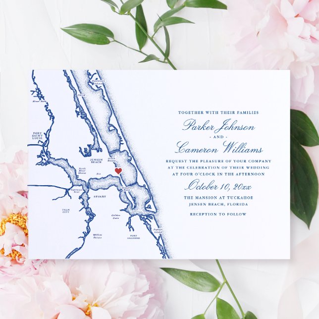 Jensen Beach FL Map Elegant Navy Blue Wedding Einladung (Jensen Beach FL Map wedding invitation for an elegant navy blue Mansion wedding. Coastal Map Designs)