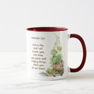 Jeremia 33:3 Ruf mich an Bibelvers Zaunkönig Vogel Tasse