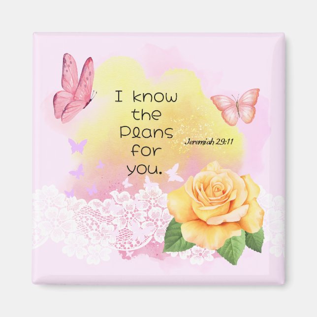 Jeremiah 29:11 Bibelverse Rosa Gelber Schmetterlin Magnet (Vorne)
