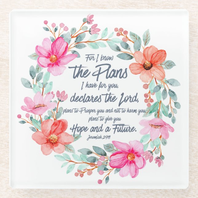 Jeremiah 29:11 Denn ich kenne die Pläne rosa Blume Glasuntersetzer (Vorderseite)