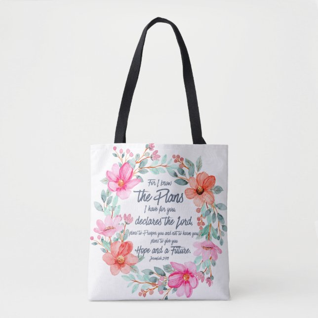 Jeremiah 29:11 Denn ich kenne die Pläne rosa Blume Tasche (Vorderseite)