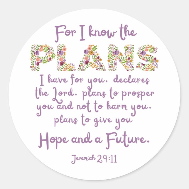 Jeremiah 29:11 Lila, Blumenbriefe Christlich Runder Aufkleber (Vorderseite)