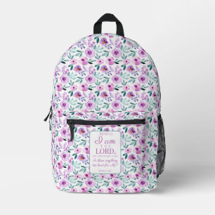 Jeremiah 32:27 Uhr mit lila Blumen Hintergrund Bedruckter Rucksack