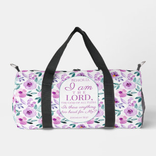 Jeremiah 32:27 Uhr mit lila Blumen Hintergrund Duffle Bag