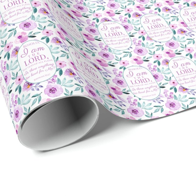 Jeremiah 32:27 Uhr mit lila Blumen Hintergrund Geschenkpapier (Rolleneckpunkt)