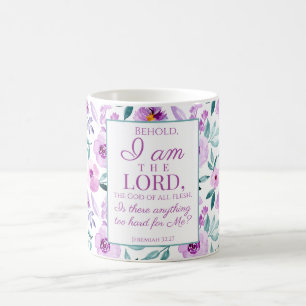 Jeremiah 32:27 Uhr mit lila Blumen Hintergrund Kaffeetasse