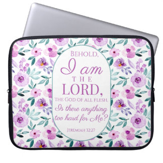 Jeremiah 32:27 Uhr mit lila Blumen Hintergrund Laptopschutzhülle