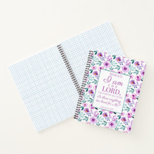 Jeremiah 32:27 Uhr mit lila Blumen Hintergrund Notizbuch