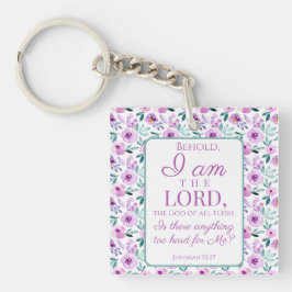 Jeremiah 32:27 Uhr mit lila Blumen Hintergrund Schlüsselanhänger