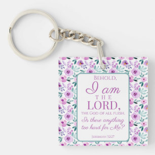 Jeremiah 32:27 Uhr mit lila Blumen Hintergrund Schlüsselanhänger