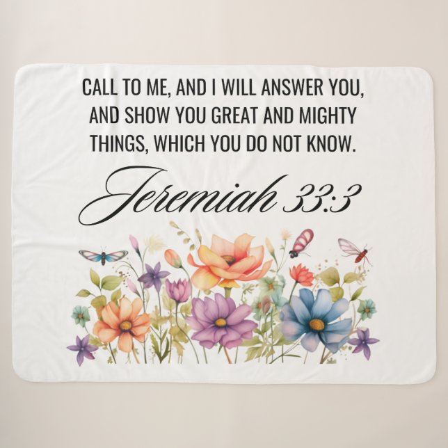 Jeremiah 33:3 Ruf mir Wildblumen Schrift an Sherpadecke (Vorderseite (Horizontal))