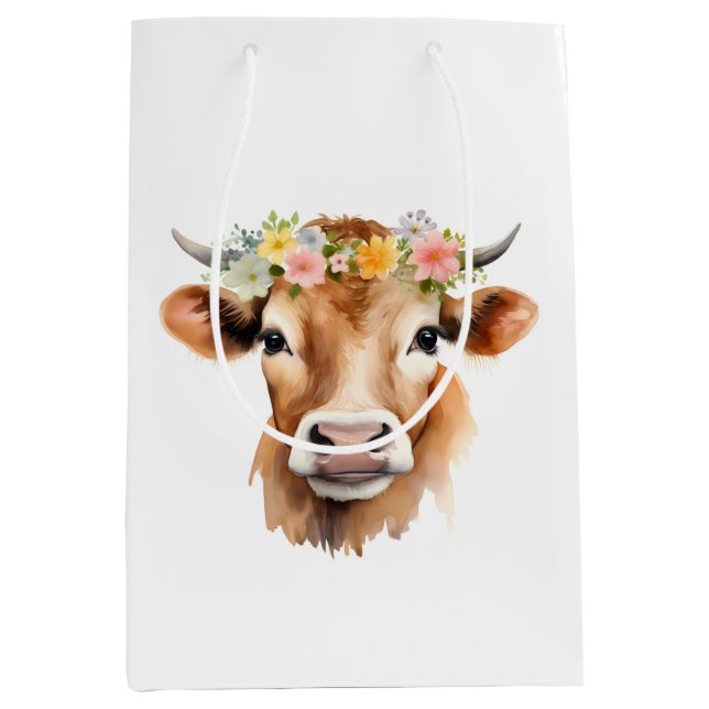 Jersey Cow Tragend Blume Floral Girl's Birthday Mittlere Geschenktüte (Vorderseite)