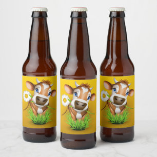 Jersey-Kuh im Gras über Gelb Bierflaschenetikett