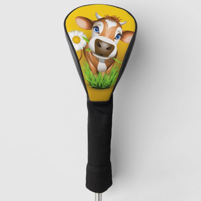 Jersey-Kuh im Gras über Gelb Golf Headcover (Vorderseite)