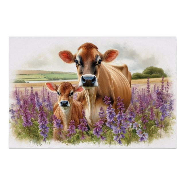 Jersey Kuh und Calf Wildblume Poster (Vorderseite)