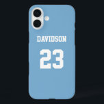 Jersey Name Number Light Blue White Custom iPhone 16 Plus Hülle<br><div class="desc">Fügen Sie einen Namen und eine(n) Nummer(n) hinzu,  um diese inspirierte hellblaue und weiße Sportjersey-Handy-Hülle zu personalisieren. Es ist ein ausgezeichnetes Geschenk für einen sportlichen Fan oder Sportler. Es stehen die Optionen zur Farbänderung und zum Ändern der Schriftart-Größe zur Verfügung.</div>