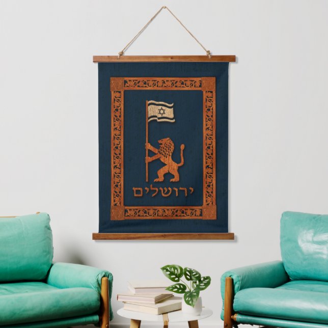Jerusalem Day Löwe mit Fahne Wandteppich Mit Holzrahmen (Wohnzimmer)