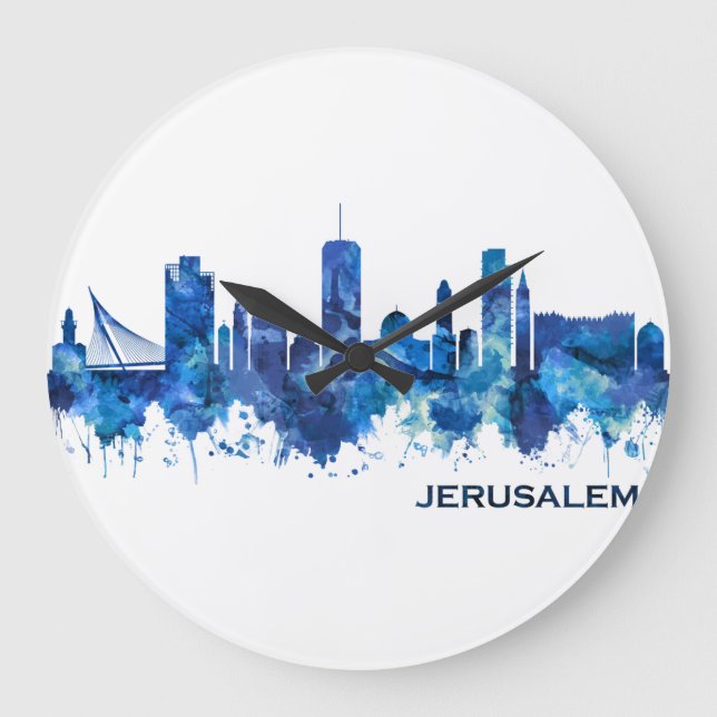 Jerusalem Israel Skyline Blue Große Wanduhr (Vorderseite)