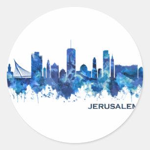 Jerusalem Israel Skyline Blue Runder Aufkleber