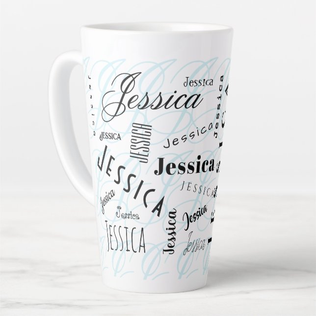 Jessica Custom Name Black White Blue Milchtasse (Linke Ecke)