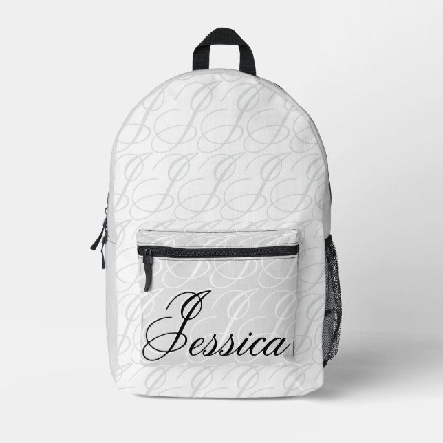 Jessica Custom Name Elegant Script Black White Bedruckter Rucksack (Vorderseite)