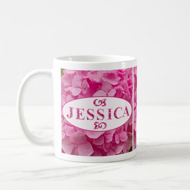 "Jessica" Elegant Pink Hydrangea Blumenschrift Kaffeetasse (Links)