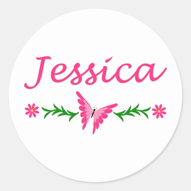 Jessica (Rosa Schmetterling) Runder Aufkleber (Vorderseite)