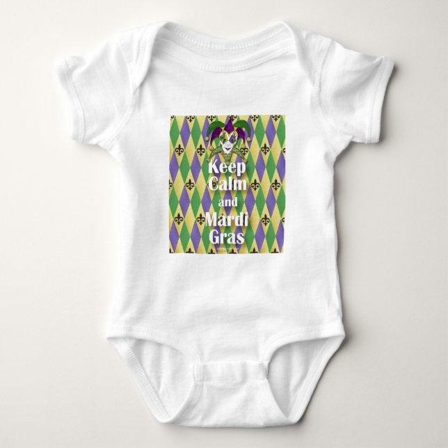 Jester Mask Behielt Calm und Mardi Gras Baby Strampler (Vorderseite)