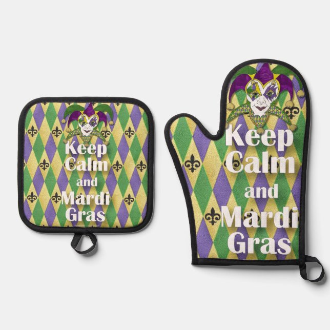 Jester Mask Behielt Calm und Mardi Gras Ofenhandschuh & Topflappen-Set (Vorderseite)