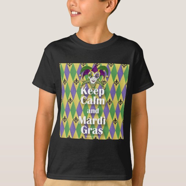 Jester Mask Behielt Calm und Mardi Gras T-Shirt (Vorderseite)