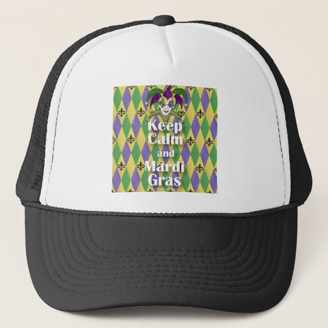 Jester Mask Behielt Calm und Mardi Gras Truckerkappe (Vorderseite)