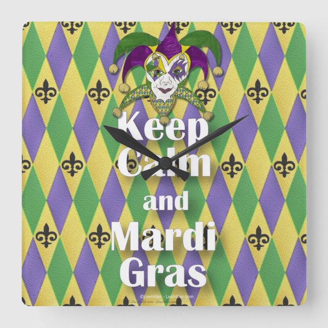 Jester Mask Keep Calm and Mardi Gras Quadratische Wanduhr (Vorderseite)