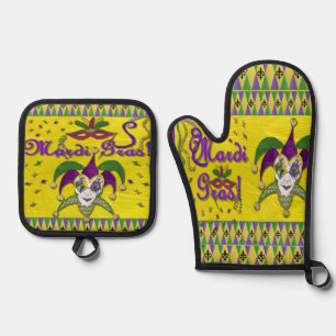 Jester Mask Mardi Gras Harlequin Ofenhandschuh & Topflappen-Set