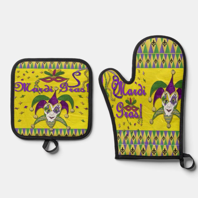 Jester Mask Mardi Gras Harlequin Ofenhandschuh & Topflappen-Set (Vorderseite)