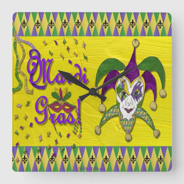 Jester Mask Mardi Gras Harlequin Quadratische Wanduhr (Vorderseite)