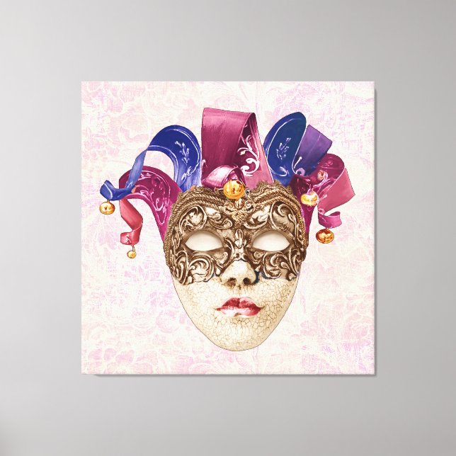 Jester Porcelain Mask mit Ribbons und Bells Leinwanddruck (Vorderseite)