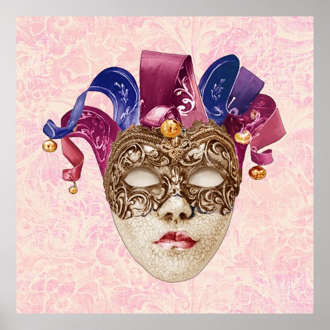 Jester Porcelain Mask mit Ribbons und Bells Poster (Vorne)