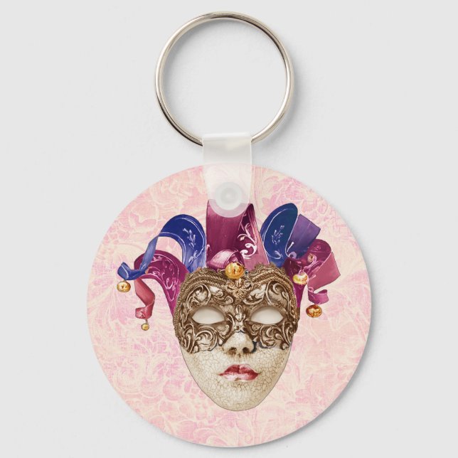 Jester Porcelain Mask mit Ribbons und Bells Schlüsselanhänger (Vorderseite)