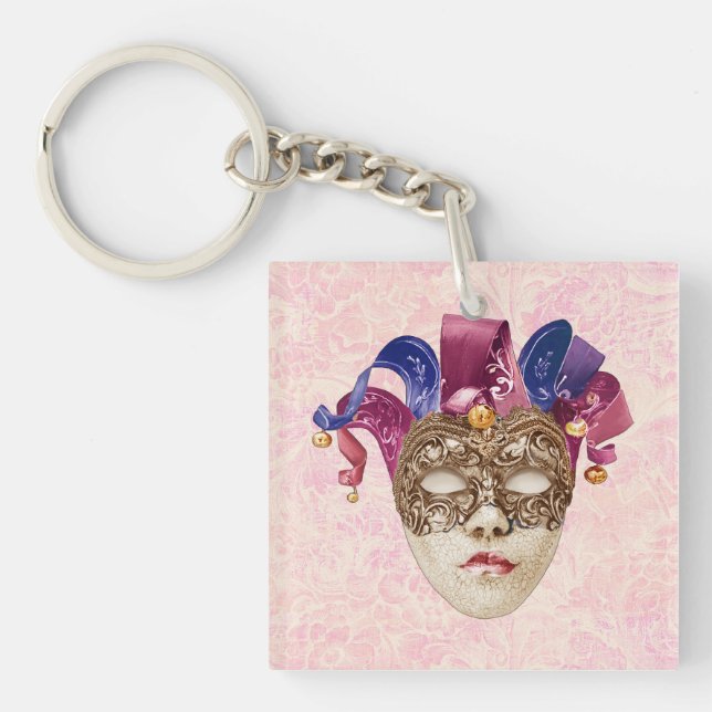Jester Porcelain Mask mit Ribbons und Bells Schlüsselanhänger (Vorderseite)