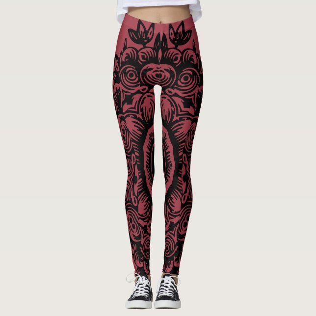 Jester Red mit Black Damask Muster Athletic Leggings (Vorderseite)