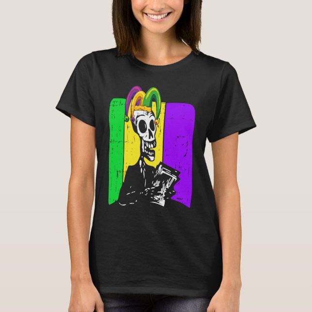 Jester Skeleton Reading Book Mardi Gras Reader Boo T-Shirt (Vorderseite)