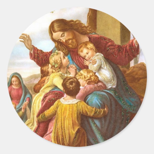 Jésus accueille les enfants autocollants ronds (Devant)