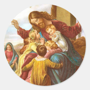 Jésus accueille les enfants autocollants ronds