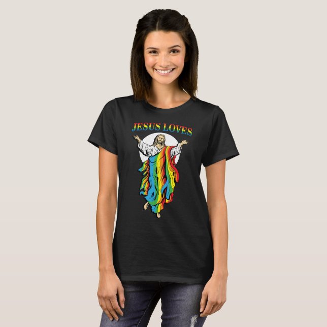 Jésus aime le T-shirt de l'arc-en-ciel LGBT de gay (Devant entier)