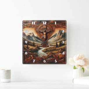 Jesus am Kreuz in einer ruhigen Berglandschaft Quadratische Wanduhr
