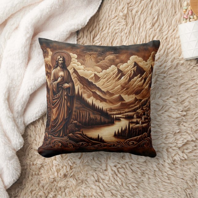 Jesus AmidMountains und Flusslandschaft Kissen (Decke)